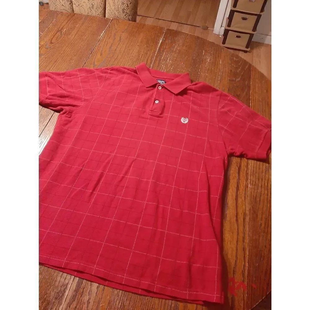 Large Chaps Red White Black Short Sleeve Cotton Collared Polo Shirt 2 Button